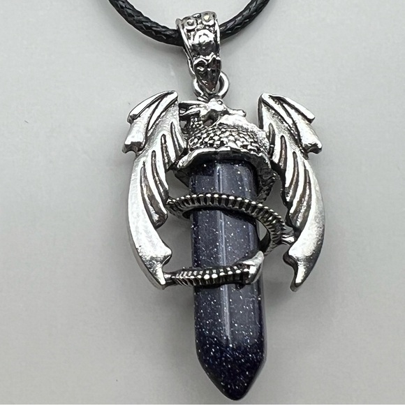 New Dragon Blue Sandstone Hexagonal Amulet Chakra Pendant Necklace w Cord - Picture 8 of 8